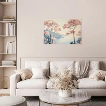 Plakat - Ocean klify i drzewa; delikatny motyw w pastelowych kolorach - obrazek 2