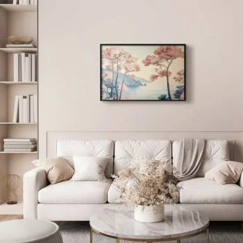 Plakat - Ocean klify i drzewa; delikatny motyw w pastelowych kolorach - obrazek 2