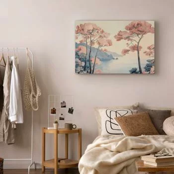 Obraz - Pejzaż z oceanem klifami i drzewami w delikatnych różowych barwach - obrazek 6