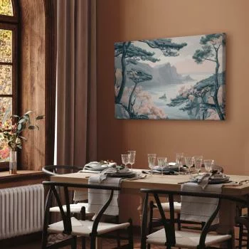 Obraz - Górzyste wybrzeże z drzewami i skałami w lekkich pastelowych błękitach - obrazek 7