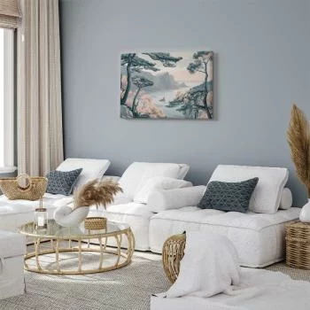 Obraz - Górzyste wybrzeże z drzewami i skałami w lekkich pastelowych błękitach - obrazek 5