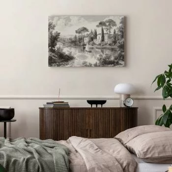 Obraz - Czarno-biały pejzaż vintage retro widok na staw z łódką - obrazek 6