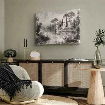 Obraz - Czarno-biały pejzaż vintage retro widok na staw z łódką - obrazek 5