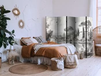 Parawan - Czarno-biały pejzaż vintage - retro widok na staw z łódką / Czarno-biały pejzaż vintage ze stawem - obrazek 5