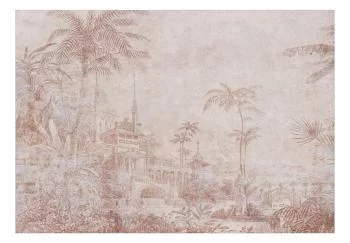 Fototapeta wodoodporna - Krajobraz ze świątynią - rycina indyjskiej architektury z palmami - obrazek 2