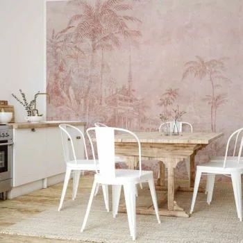 Fototapeta - Krajobraz ze świątynią - rycina indyjskiej architektury z palmami - obrazek 5