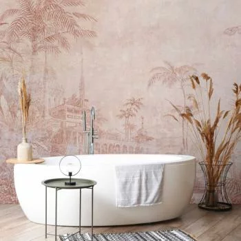 Fototapeta - Krajobraz ze świątynią - rycina indyjskiej architektury z palmami - obrazek 6