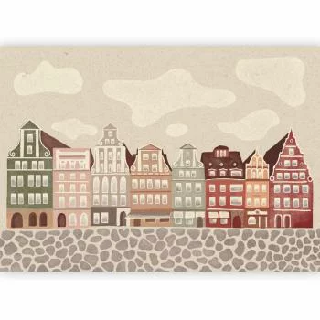 Fototapeta - Plac Solny - kolorowe ilustrowane kamieniczki na tle nieba z chmurami / Kolorowe Fasady - zabytkowe wrocławskie kamienice na tle nieba i brukowanej uliczki - obrazek 2
