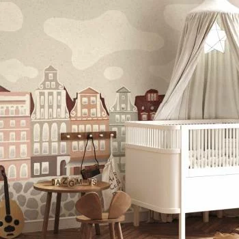 Fototapeta - Plac Solny - kolorowe ilustrowane kamieniczki na tle nieba z chmurami - obrazek 6