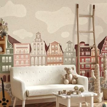 Fototapeta - Plac Solny - kolorowe ilustrowane kamieniczki na tle nieba z chmurami - obrazek 5