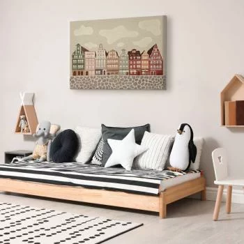 Obraz - Plac Solny - kolorowe ilustrowane kamieniczki na tle nieba z chmurami - obrazek 7