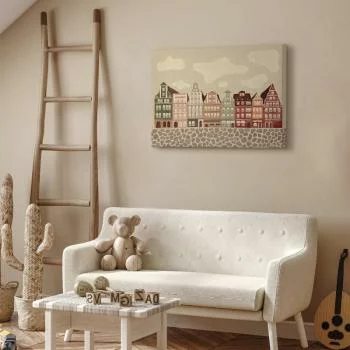 Obraz - Plac Solny - kolorowe ilustrowane kamieniczki na tle nieba z chmurami - obrazek 6