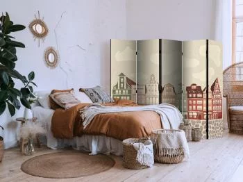 Parawan - Plac Solny - kolorowe ilustrowane kamieniczki na tle nieba z chmurami / Kolorowe Fasady - zabytkowe wrocławskie kamienice na tle nieba i brukowanej uliczki - obrazek 5