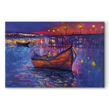 Obraz XXL - Nowoczesny impresjonizm - nocny krajobraz jeziora z pływającą łódką - obrazek 2
