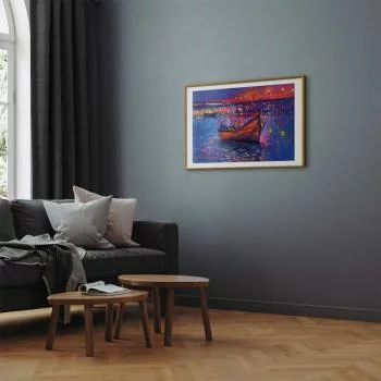 Plakat - Nowoczesny impresjonizm - nocny krajobraz jeziora z pływającą łódką - obrazek 5