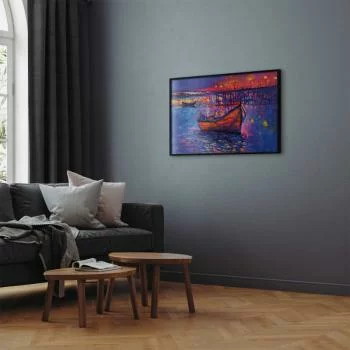 Plakat - Nowoczesny impresjonizm - nocny krajobraz jeziora z pływającą łódką - obrazek 5