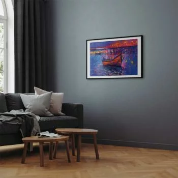 Plakat - Nowoczesny impresjonizm - nocny krajobraz jeziora z pływającą łódką - obrazek 5