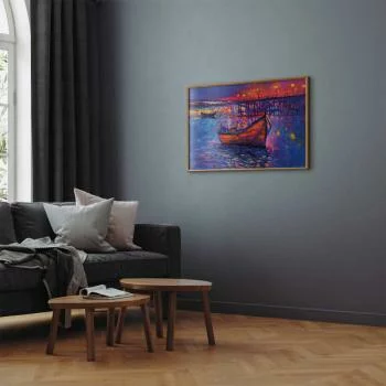 Plakat - Nowoczesny impresjonizm - nocny krajobraz jeziora z pływającą łódką - obrazek 5