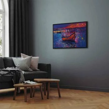 Obraz - Nowoczesny impresjonizm - nocny krajobraz jeziora z pływającą łódką - obrazek 5