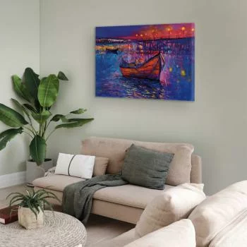 Obraz - Nowoczesny impresjonizm - nocny krajobraz jeziora z pływającą łódką - obrazek 5