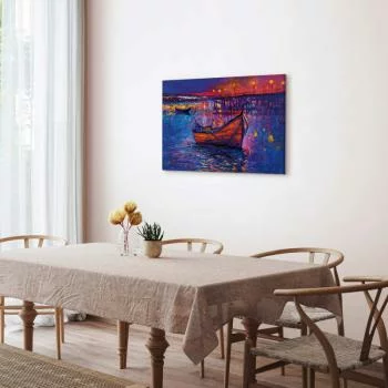 Obraz - Nowoczesny impresjonizm - nocny krajobraz jeziora z pływającą łódką - obrazek 7