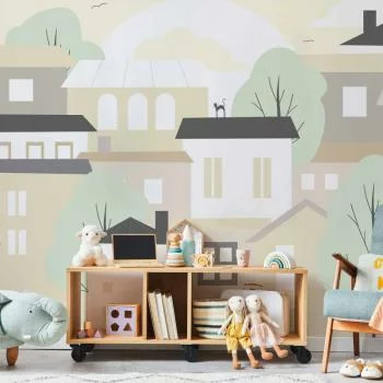 Fototapeta - Żółte miasteczko - przedmieście miasta z drzewami i kotami dla dzieci - obrazek 6