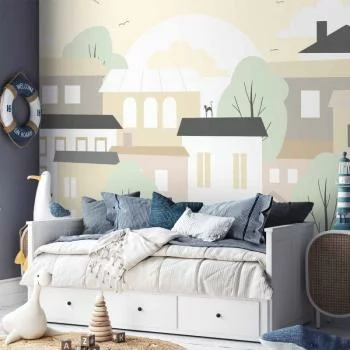 Fototapeta - Żółte miasteczko - przedmieście miasta z drzewami i kotami dla dzieci - obrazek 5