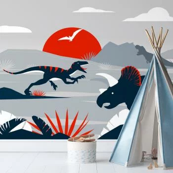 Fototapeta - Ostatnie dinozaury z czerwienią - abstrakcyjny krajobraz do pokoju - obrazek 2