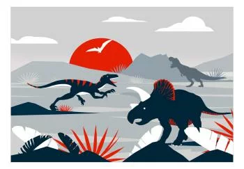 Fototapeta - Ostatnie dinozaury z czerwienią - abstrakcyjny krajobraz do pokoju - obrazek 2