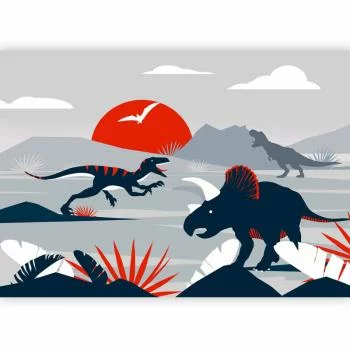 Fototapeta - Ostatnie dinozaury z czerwienią - abstrakcyjny krajobraz do pokoju - obrazek 5