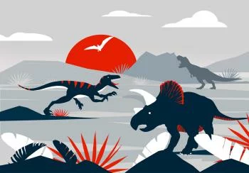 Fototapeta - Ostatnie dinozaury z czerwienią - abstrakcyjny krajobraz do pokoju - obrazek 6