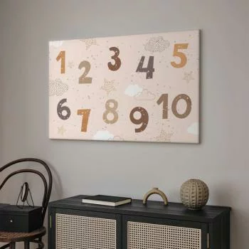 Obraz - Skaczące cyferki - Cyferki w przygaszonej beżowo-brązowej kolorystyce pośród płatków śniegu gwiazd i chmur - obrazek 5