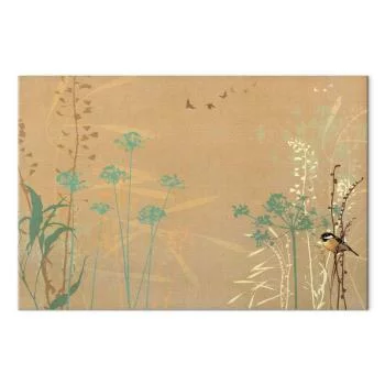 Obraz - Malutki ptaszek - kolorowe trawy na złotych odcieniach zachodu słońca - obrazek 2