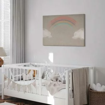 Obraz - Deszczowy czerwiec - kolorowa tęcza wychodząca z chmur na jasnym tle - obrazek 7