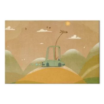 Obraz - Rozmarzona podróżniczka - wesoła żyrafa jadąca autem w słoneczny dzień - obrazek 2