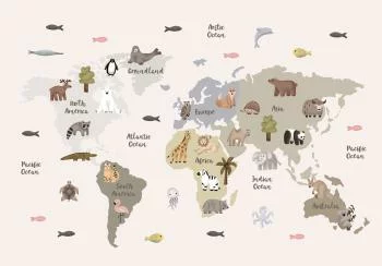 Fototapeta - Pastelowa mapa - zwierzęta i kontynenty do pokoju dziecięcego