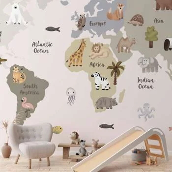 Fototapeta - Pastelowa mapa - zwierzęta i kontynenty do pokoju dziecięcego - obrazek 6