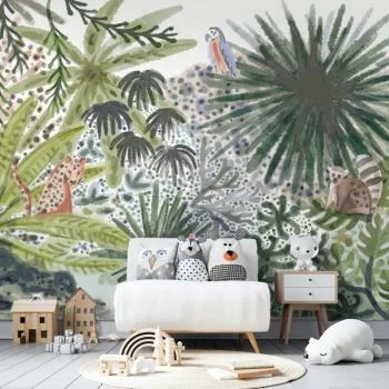 Fototapeta - Flora Madagaskaru - krajobraz tropikalny z akwarelowymi zwierzętami - obrazek 2