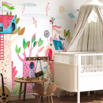 Fototapeta - Malowane domki na drzewie - kolorowa fantazja z latawcami dla dzieci - obrazek 6