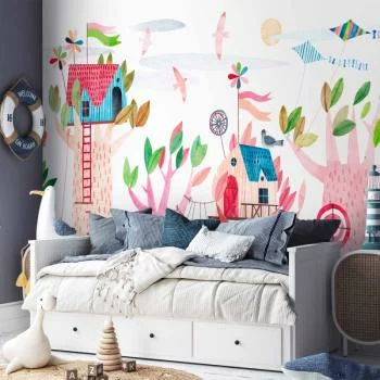 Fototapeta - Malowane domki na drzewie - kolorowa fantazja z latawcami dla dzieci - obrazek 6