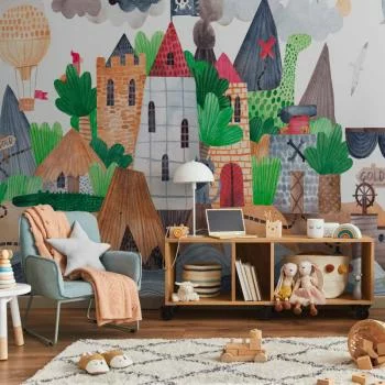 Fototapeta - Kolorowa wyspa skarbów z zamkiem - statek piratów na morzu dla dzieci - obrazek 6