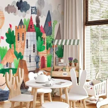 Fototapeta - Kolorowa wyspa skarbów z zamkiem - statek piratów na morzu dla dzieci - obrazek 6