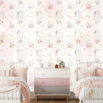 Fototapeta - Jednolity deseń z piórami - zające w koszyku i w balonie dla dzieci - obrazek 2