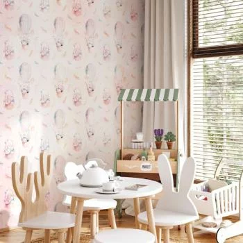 Fototapeta - Jednolity deseń z piórami - zające w koszyku i w balonie dla dzieci - obrazek 5