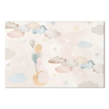 Obraz - Księżyc niczym z bajki - Pastelowy księżyc z balonikami wśród kolorowych chmur i gwiazdek w stonowanych kolorach na jasnym tle - obrazek 2