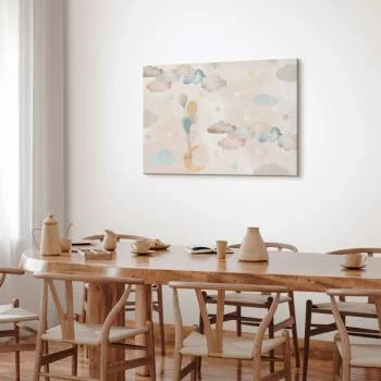 Obraz - Księżyc niczym z bajki - Pastelowy księżyc z balonikami wśród kolorowych chmur i gwiazdek w stonowanych kolorach na jasnym tle - obrazek 7