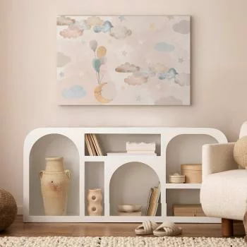 Obraz - Księżyc niczym z bajki - Pastelowy księżyc z balonikami wśród kolorowych chmur i gwiazdek w stonowanych kolorach na jasnym tle - obrazek 5