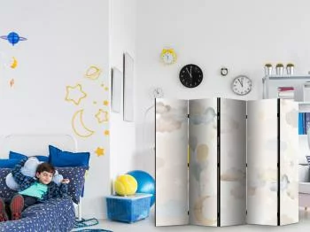 Parawan - Baśniowy księżyc - Księżyc z balonikami wśród chmur i gwiazdek w stonowanych kolorach na jasnym - beżowym tle/Bajkowe niebo - obrazek 5
