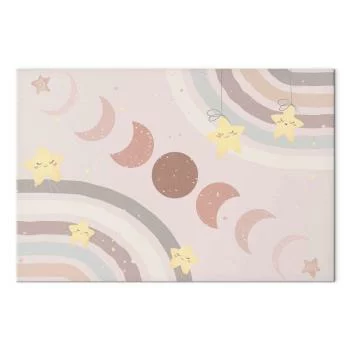 Obraz - Radosne niebo - Żółte wesołe gwiazdki z tęczą na tle faz księżyca na niebie w kolorystyce jasnego beżu - obrazek 2