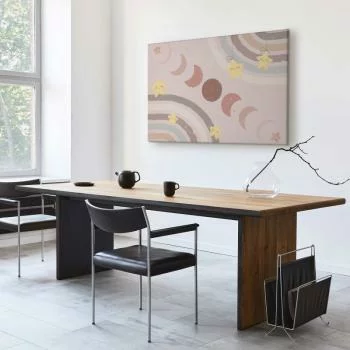 Obraz - Radosne niebo - Żółte wesołe gwiazdki z tęczą na tle faz księżyca na niebie w kolorystyce jasnego beżu - obrazek 7